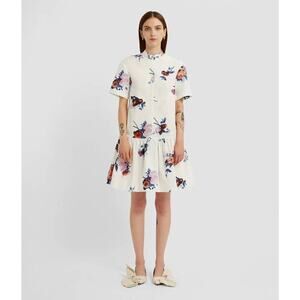 ERDEM Short Sleeve Mini Dress in Painted Rose Bouquet 6 NWT Quiet Luxury Coastal